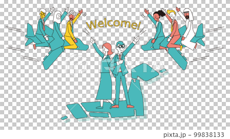 日本で行われるビジネスイベントに国外から多種多様な人物が訪れるイラスト 99838133