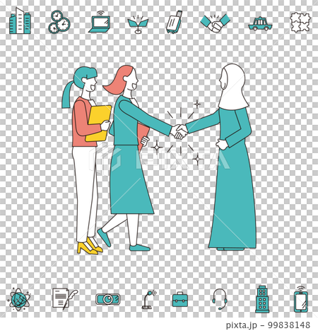 Handshake and icon set of Asian and Arab business people 99838148
