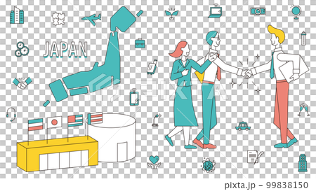 Handshake and icon set of Western business people visiting Japan for business 99838150