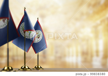 A small Belize flag on an abstract blurry background 99838380
