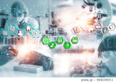 Double exposure microscope and Young woman scientific using equipment in the laboratory for research.Biotechnology,development,chemical,vaccine,COVID-19. Photo concept experimentation and research. 99839051