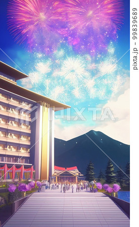 夏祭りのある観光地　山のホテルの外観パース　AI画像 99839689