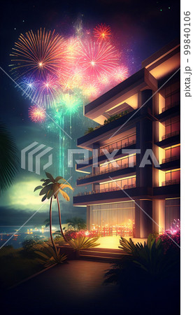 夏祭りのある観光地　南国のリゾートホテルのイラスト　AI画像 99840106