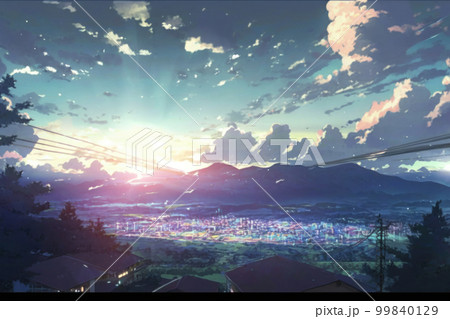 幻想的な田舎の山と麓の街の風景 幻想的な田舎の山と麓の街の風景 99840129
