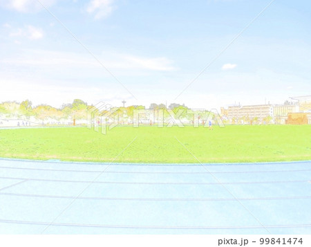 平和の森公園の陸上トラックコースと芝生。イラスト風の写真。 99841474