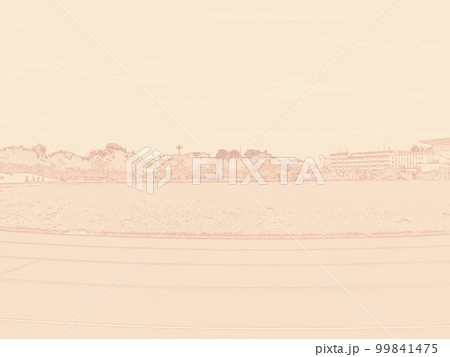 平和の森公園の陸上トラックコースと芝生。イラスト風の写真。セピア。 平和の森公園の陸上トラックコースと芝生。イラスト風の写真。セピア。 99841475