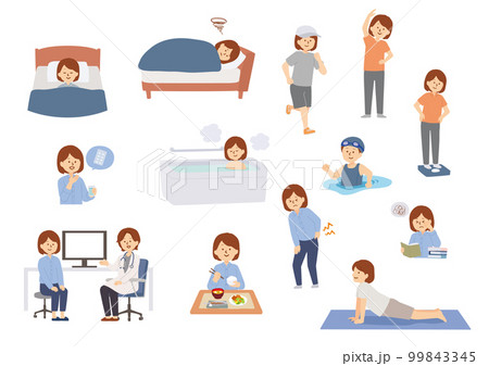健康生活を送る女性のイラストセット 健康生活を送る女性のイラストセット 99843345