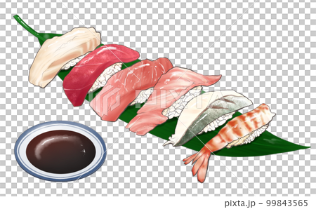 笹の葉の上の寿司6種セット 鮨 イラスト素材 透過背景・白背景　他ネタ・差分あり  99843565
