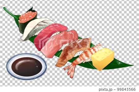 Set of 6 types of sushi and eggs on bamboo leaves Sushi illustration material Transparent background/white background Other material/variations included Tuna 99843566
