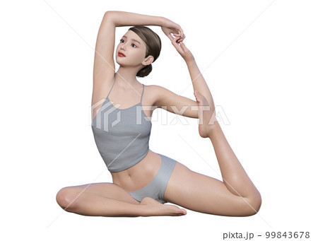 3dモデルの女性がヨガの鳩のポーズをしているイラストのイラスト素材