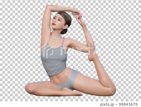 Yoga pose: Woman doing yoga pigeon pose Illustration of a Japanese 3D model, full body front view 99843678