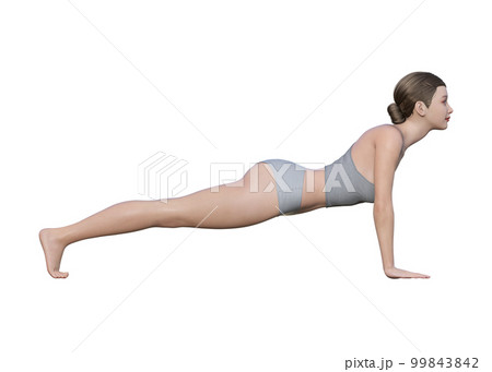ヨガポーズ　ヨガの板のポーズ プランクポーズをする女性 日本人3Dモデルの全身横向きのイラスト	 99843842