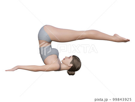 ヨガポーズ  ヨガの鋤のポーズをする女性 ナチュラルな日本人3Dモデルの全身横向きのイラスト 99843925