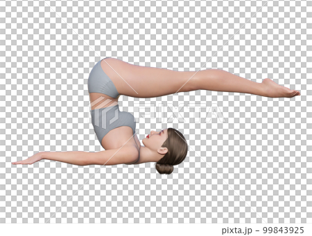 ヨガポーズ  ヨガの鋤のポーズをする女性 ナチュラルな日本人3Dモデルの全身横向きのイラスト 99843925