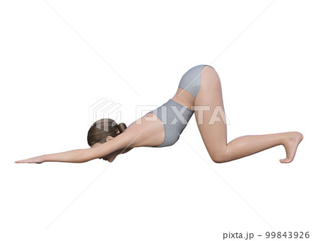 ヨガポーズ ヨガの子犬の伸びのポーズをする女性 ナチュラルな日本人3Dモデルの全身横向きのイラスト 99843926