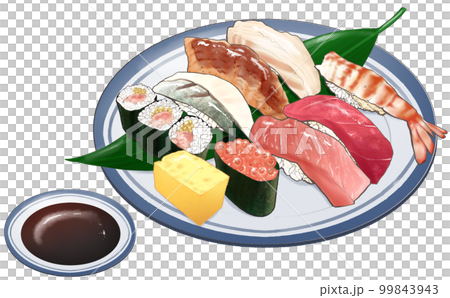 9 kinds of sushi and egg Aobuchi plate Sushi illustration material White background/Transparent background Other material available 9 kinds of sushi and egg Aobuchi plate Sushi illustration material White background/Transparent background Other material available 99843943