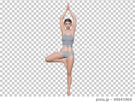 Yoga pose Woman doing yoga tree pose Full body front illustration of natural Japanese 3D model 99843969