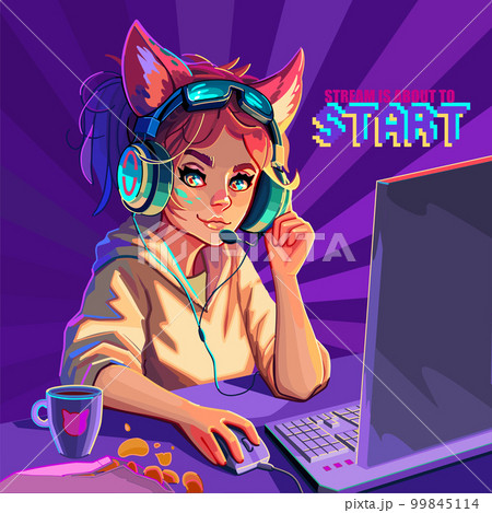 Girl gamer or streamer with cat ears headset sits at a computer. Girl gamer or streamer with cat ears headset sits at a computer. 99845114