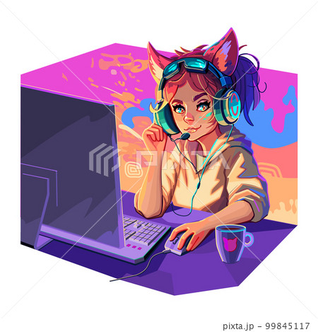 Girl gamer or streamer with cat ears headset sits at a computer. Girl gamer or streamer with cat ears headset sits at a computer. 99845117