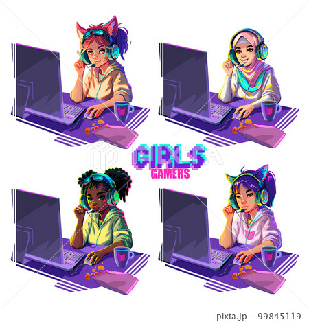 Diverse girls gamers or streamers sitting at a computer in headset with cat ears 99845119