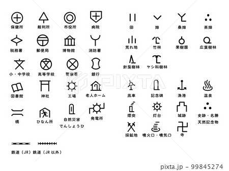 シンプルな地図に使われる地図記号のイラストセット、アイコン、ピクトグラム、マーク 99845274