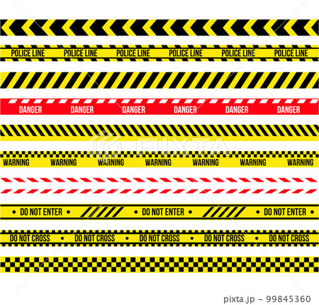 Yellow construction stripes. Adhesive tape cordon. Attention and warning barrier. Police accident. Forensic or caution hazard ribbons. Danger zone restricted boundary. Vector current graphic lines set 99845360
