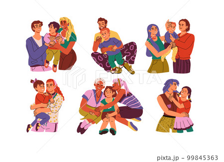 Children hugs. Enfants and parents embraces. Happiness and smile. Child in warm tights. Brothers with dad toys. Kid friends. Toddler in cuddle of couple. Happy people set. Vector exact illustration 99845363