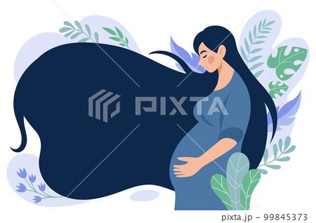 Pregnancy, mom expecting baby, motherhood concept with copy space for text. Doctor banner, girl with dress and hair, woman belly and mother. Pregnant female body. Vector tidy background for banner 99845373