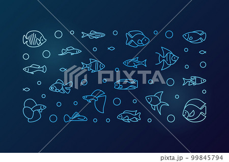 Aquarium fish blue vector horizontal banner in outline style 99845794