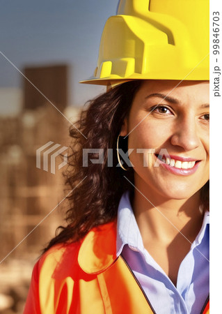 Portrait of a smiling Caucasian female architect or engineer wearing a yellow helmet standing on a construction site, fictional person, made with generative AI 99846703