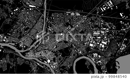 Kaunas city background map, black and white urban area municipal map, 1920 1080. River Neman and Neris, roads and railway, buildings and parks. 99848540