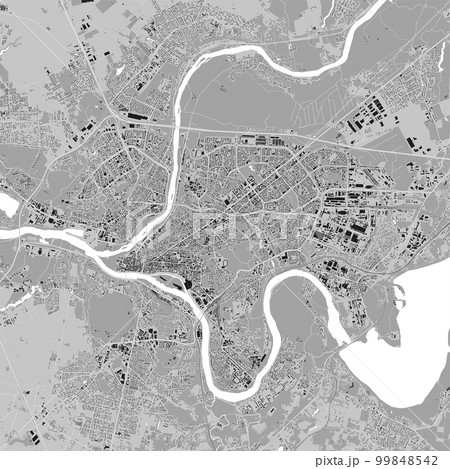 Kaunas city map, grey square urban area municipal map. River Neman and Neris, roads and railway, buildings and parks. Kaunas city map, grey square urban area municipal map. River Neman and Neris, roads and railway, buildings and parks. 99848542