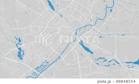 River Warta map, Poznan city, Poland. Watercourse, water flow, blue on grey background road map. Vector illustration. 99848554