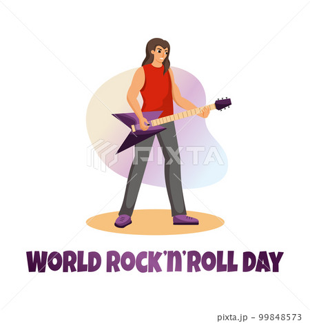 Cool man plays an electric guitar. Musician performs on stage. World Rock and Roll Day. Cool man plays an electric guitar. Musician performs on stage. World Rock and Roll Day. 99848573