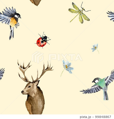 Nature bird deer ladybug beige pattern watercolor Nature bird deer ladybug beige pattern watercolor 99848867