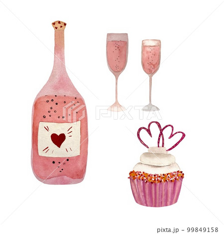 Glass bottle cake valentine pink watercolor sketch Glass bottle cake valentine pink watercolor sketch 99849158