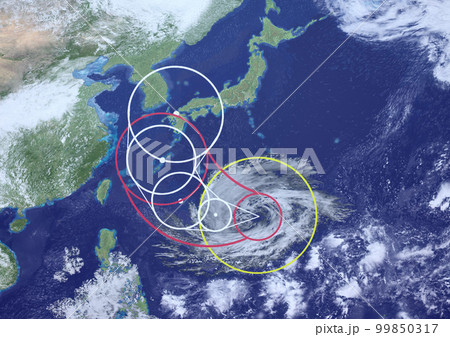 日本付近に接近した巨大台風と 架空の進路予想図(3DCGイメージ) 日本付近に接近した巨大台風と 架空の進路予想図(3DCGイメージ) 99850317