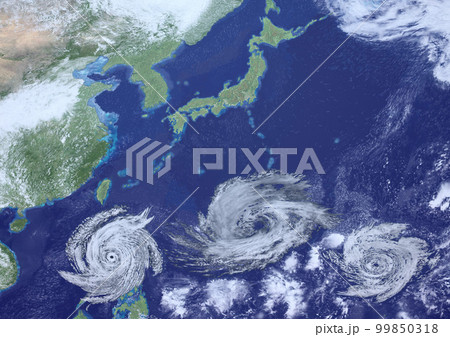 日本付近に複数の巨大台風　架空(3DCGイメージ) 99850318