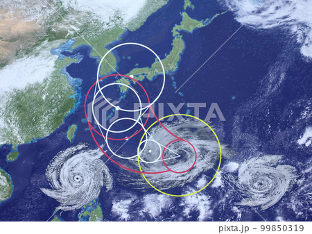 日本付近に接近した複数の巨大台風と　架空の進路予想図(3DCGイメージ) 99850319