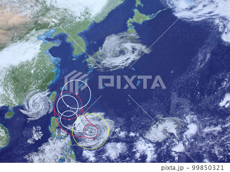 日本に上陸した巨大台風と　その他の台風の　架空の進路予想図(3DCGイメージ) 99850321