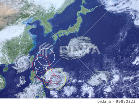 日本に接近した台風と　その他複数の台風　架空の進路予想図(3DCGイメージ) 99850323