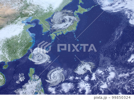 日本海の台風と　その他の台風&熱帯低気圧　架空(3DCGイメージ) 99850324