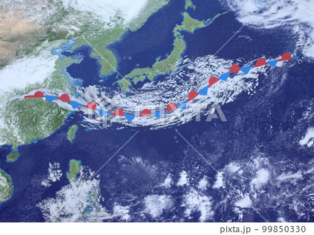 日本列島 梅雨前線 架空の天気図と記号(3DCGイメージ) 日本列島 梅雨前線 架空の天気図と記号(3DCGイメージ) 99850330