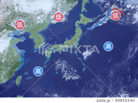 日本列島 南高北低 架空の天気図と記号(3DCGイメージ) 日本列島 南高北低 架空の天気図と記号(3DCGイメージ) 99850340
