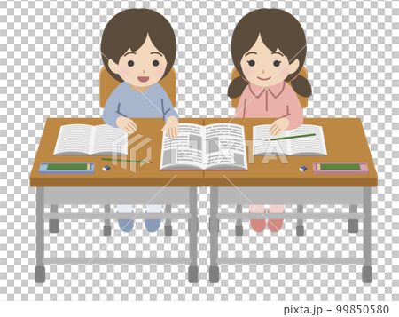 隣の席の子に教科書を見せる児童　私服 99850580