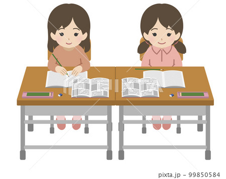 隣同士の席で授業を受ける女児　私服 99850584