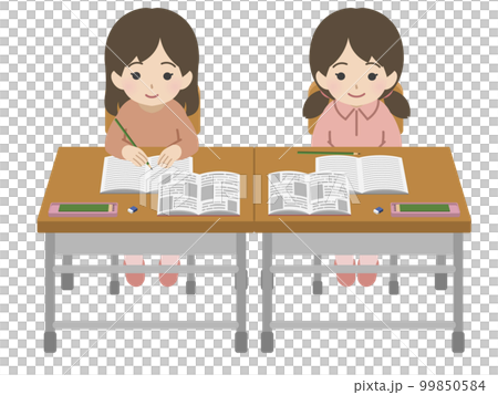 隣同士の席で授業を受ける女児　私服 99850584