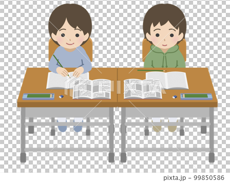 隣同士の席で授業を受ける男児　私服 99850586