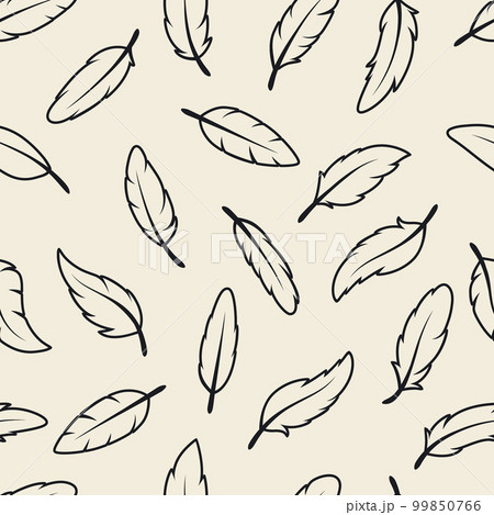 Vector Seamless Pattern with Different Black Fluffy Feather Silhouettes on White Background. Design Template of Flamingo, Angel, Bird Feathers for Wall Paper, Textile. Lightness, Freedom Concept 99850766