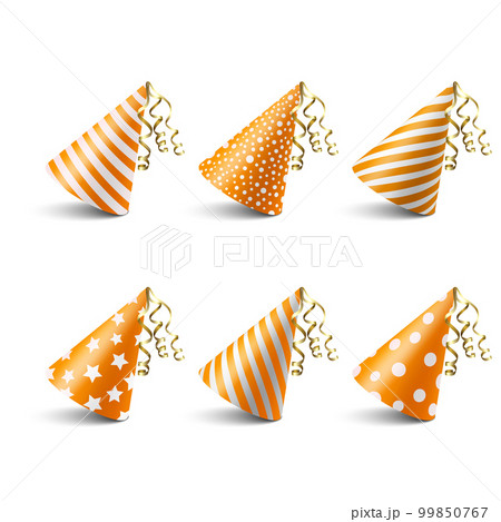 Vector 3d Realistic Orange and White Birthday Party Hat Icon Set Isolated on White Background. Party Cap Design Template for Party Banner, Greeting Card. Holiday Hats, Cone Shape, Front View Vector 3d Realistic Orange and White Birthday Party Hat Icon Set Isolated on White Background. Party Cap Design Template for Party Banner, Greeting Card. Holiday Hats, Cone Shape, Front View 99850767